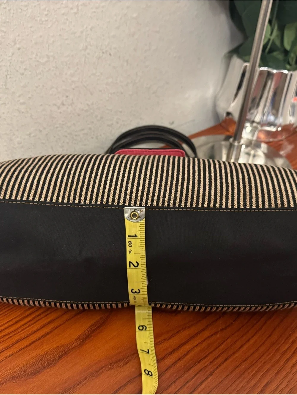 The Sak Striped Tote with Bright Pink Interior and Black Trim